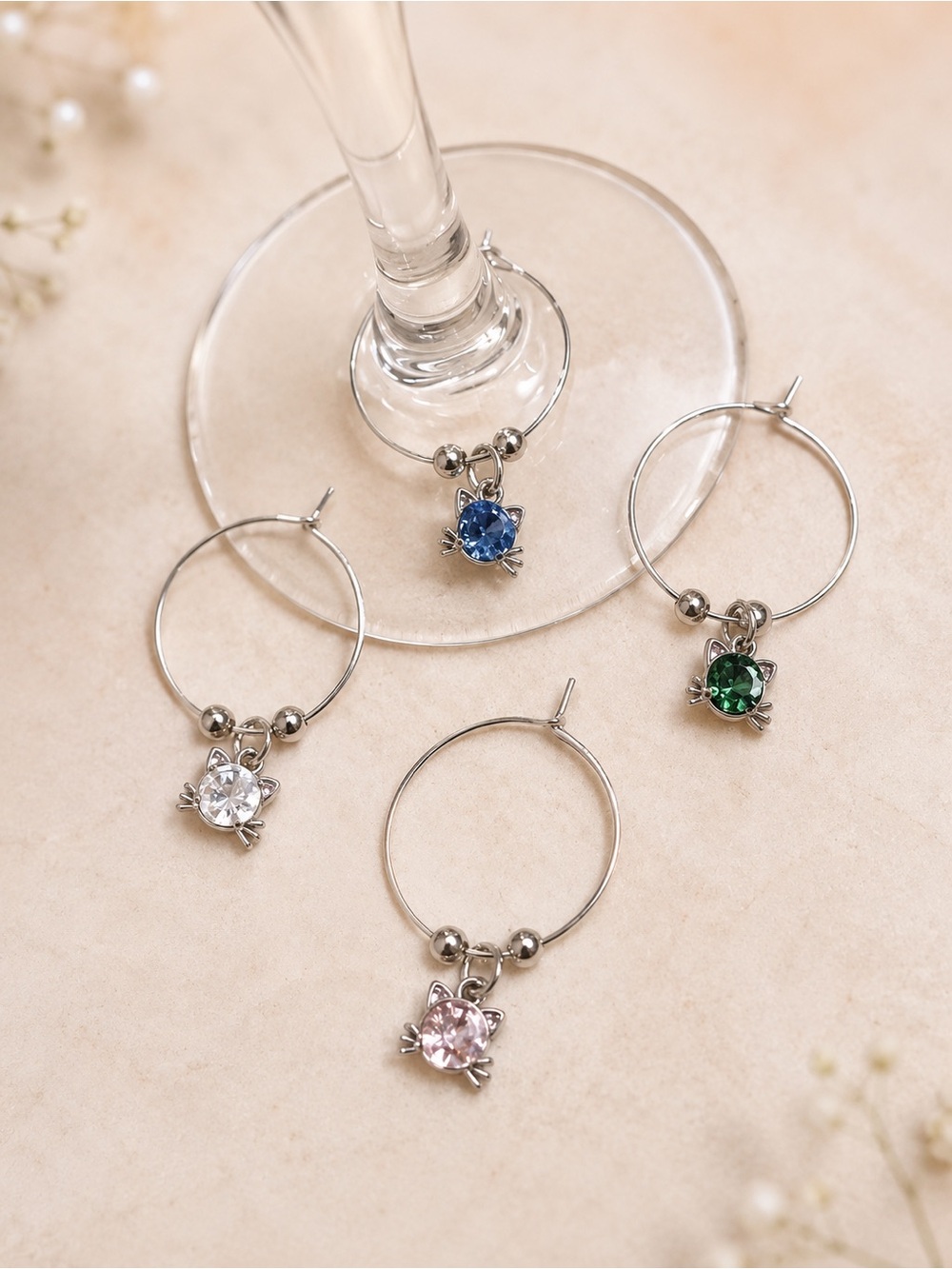 Colorful Cat Gemstone Wine Charms